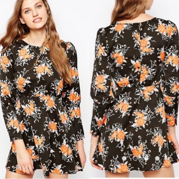 Free People Women's Long Sleeve Dress Size 4 Black Orange Floral Mini - Picture 1 of 12
